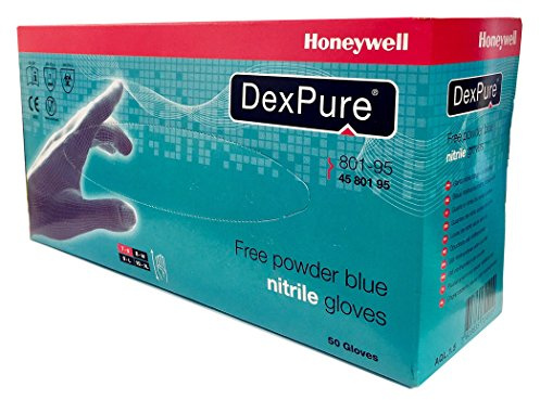 Honeywell 4580195-10 DexPure 801-95 Non Powdered Disposable Nitrile Gloves, Blue Colour, Certified for Food Contact, Good Mechanical Resistance, Size 10 (BOX of 50 Gloves/25 Pairs)