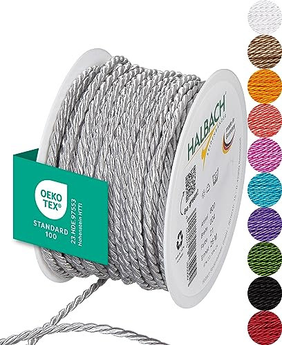 Halbach Seidenbänder Cordón Premium (Gris Claro), Ancho 4 mm, Longitud 25 m, Fabricado en Alemania y Certificado Öko-Tex, cordón de satén Brillante de Acetato