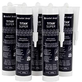 MARBET DESIGN Montagekleber extra stark Titan Super für Sockelleisten, Holz, Metall, XPS, Zierleisten (5 Kartuschen Titan Super) überstreichbar lösungsmittelfrei