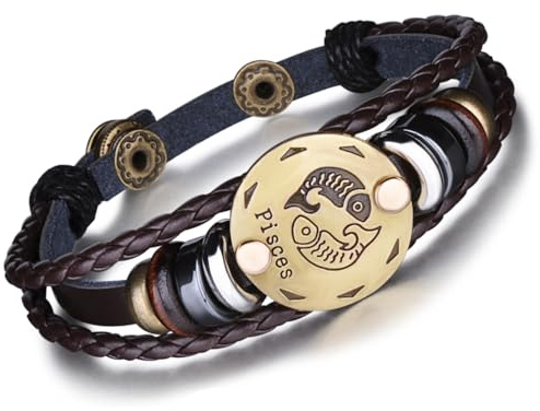 Unendlich U Punk Modisch 12 Sternbilder Sternzeichen Herren Damen Charm Armband Geflochten Leder Legierung Multilayer Braun Armreifen, Fische(Pisces)