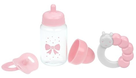 JC Toys- Set de 3 accesorios para muñecas (biberón, chupete y sonajero), rosa y Blanco, se adapta a todas las muñecas de Hasta 50 cm, +2 años