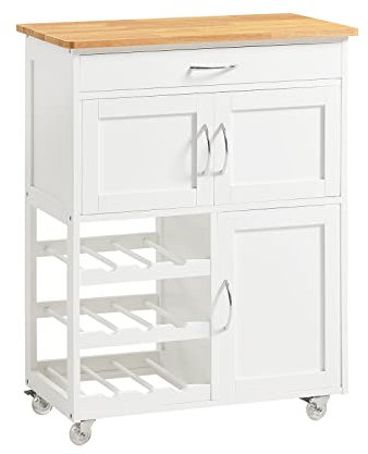 SoBuy Carrito Auxiliar de Cocina con Ruedas Mueble Cocina Auxiliar con Cajón, Botellero y Estantes Carro Cocina Multifuncional como Mesa Auxiliar para Estantería Comedor Exteriores Blanco FKW45-WN