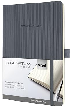 SIGEL CO329 Premium Notizbuch A5 liniert grau, Softcover, 194 nummerierte Seiten, nachhaltiges Papier, mit Inhaltsverzeichnis, Stiftschlaufe, Falttasche, Gummibandverschluss, Conceptum