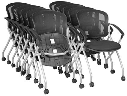 Regency Cadence Flexible High-Back Nesting Chair with Padded Fabric Seat – Breathable Mesh, Flip-Up Seat & Casters for Training Rooms, Classrooms & Offices (12-Pack, Black)