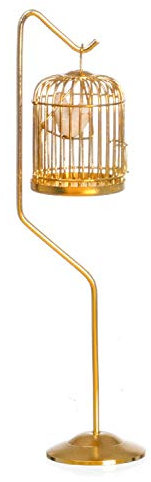 Dolls House Victorian Accessory Bird in Brass Cage on Stand Miniature 1:12