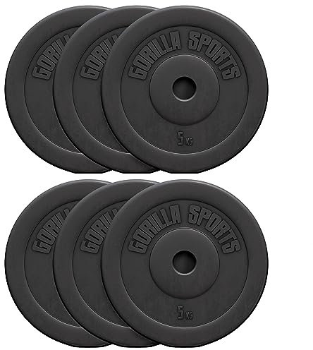 GORILLA SPORTS® Hantelscheiben - Einzeln/Set, 1,25kg, 2,5kg, 5kg, 7,5kg, 10kg, 15kg, 27,5kg, 30kg Gewichte, 30mm Bohrung, aus Kunststoff - Gewichtsscheiben, Hantelscheiben-Set (30 kg (6x5 kg))