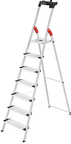 Hailo L80 ComfortLine Alu-Sicherheits-Stehleiter - 7 XXL-Stufen belastbar bis 150 kg - Tiefe Standfläche - Stehleiter mit Ablage - klappbare Aluleiter Made in Germany - Leiter rostfrei - Silber