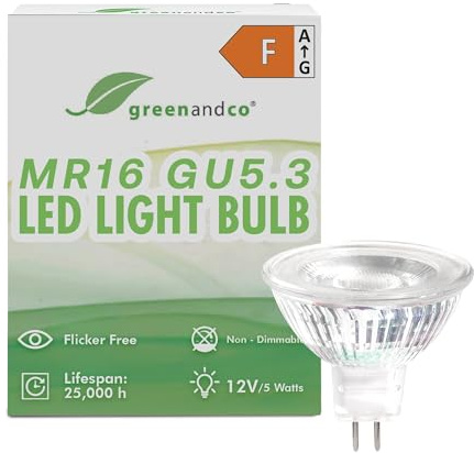 greenandco MR16 GU5.3 | Replaces 40W | Warm White 3000K | 5W 430 lm | 38° | No Flicker | COB LED Light Bulb | 12V AC/DC | Non dimmable