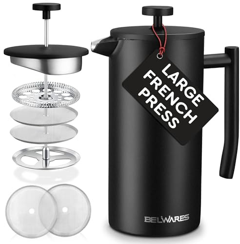 Belwares French Press Coffee Maker - Large 50oz 6-Cup, 304 Stainless Steel Coffee Press, Double Wall Insulated Heat Retention, 4-Level Filtration for Smooth Ground-Free Coffee, 2 Extra Filters, Black