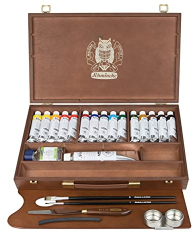 Schmincke - Norma® colori sopraffini ad olio Premium, scatola di legno, set pittura ad olio 15 x 35 ml, 71 115 097, accessori: bianco 120 ml, 2 pennelli daVinci ecc.