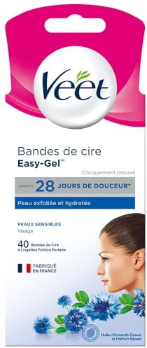 Veet EASY GEL - 40 strisce di cera fredda per il viso, pelli sensibili, senza sfregamento, depilazione a lunga durata