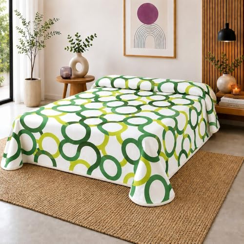 SABANALIA - Colcha Cama 90 | Estampada Aros | 50% Algodón - 50% Poliéster | Cubrecama Primavera y Verano | Disponible en Varios Tamaños y Colores | (180x280) | Verde