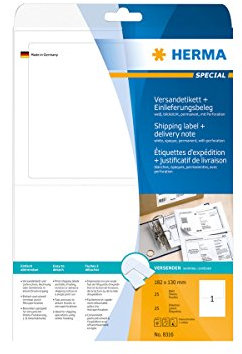 HERMA 8316 Versandetiketten mit Einlieferungsbeleg blickdicht, 25 Blatt, 182 x 130 mm, 1 pro A4 Bogen, 25 Stück, selbstklebend, bedruckbar, matt, blanko Papier Adressetiketten Aufkleber, weiß