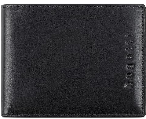 bugatti Romano Geldbörse mit RFID-Blocker, Portemonnaie aus robustem Rindleder Querformat, Geldtasche für Herren, schwarz