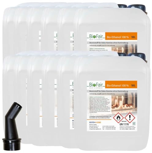 BioFair Bioethanol 100% Kamin Brennstoff für Ethanolkamine, 12 x 10 Liter