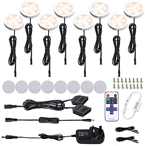 AIBOO LED Kitchen Under Cabinet Lighting Kit Dimmable with Wireless RF Remote,UK Plug,8 Pack Round Display 240V LED Puck Lights,16W Under Cupboard Counter Shelf Lights(Warm White 2700K)
