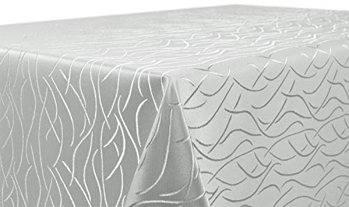 BEAUTEX Tischdecke Damast Streifen - Bügelfreies Tischtuch - Fleckabweisende, Pflegeleichte Tischwäsche - Tafeltuch, Oval 160x220 cm, Hellgrau
