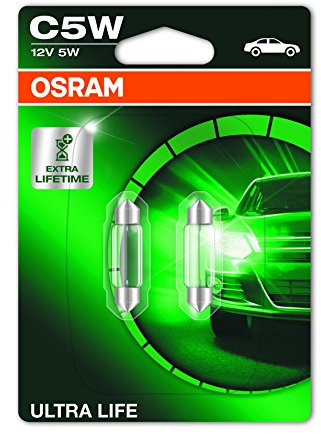 OSRAM ULTRA LIFE C5W, Lámpara halógena, iluminación interior, 6418ULT-02B, automóvil de 12 V, ampolla doble (2 unidades)
