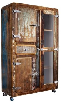 MASSIVMOEBEL24.DE | FREEZY Massive Vitrine #34 - Mehrfarbig, lackiert | aus Altholz | mit Türen (1 Glastür) - 1 Schublade | 90x38x140cm | Holzvitrine Standvitrine