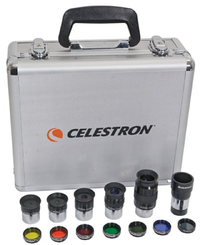 Celestron Okularkoffer und Filter-Set 1,25“ - Okularset bestehend aus 5 hochwertigen Okularen, 2X Barlowlinse, Mondfilter, 6 Farbfilter im stabilen Aluminium-Koffer