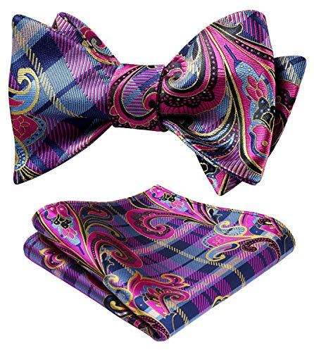 HISDERN Mens Bowties Floral Paisley Self Tie Bow Tie Pocket Square Set Classic Silk Woven Jacquard Pink Bowtie Handkerchief for Tuxedo Wedding