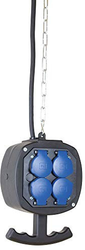 as - Schwabe Hängeverteiler - Stromverteiler - 8 Schutzkontaktsteckdosen mit Klappdeckel 230 V, 16 A - 3 m H07RN-F 3G1,5 mit Schutzkontaktstecker - mit 3 m Stahlkette - IP44 - Schwarz, 60973