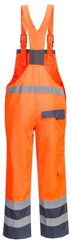 Portwest S488 Waterproof Bib and Brace Overalls Hi Vis Mens Waterproof Work Trousers Overtrousers Rain Dungarees Reflective Utility Pockets, Orange/Navy, S