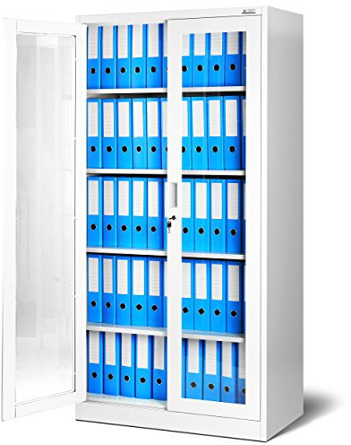 Aktenschrank C012 Glasvitrine Büroschrank Universalschrank Flügeltürschrank Stahlblech Pulverbeschichtung abschließbar 185 cm x 90 cm x 40 cm (Weiß)