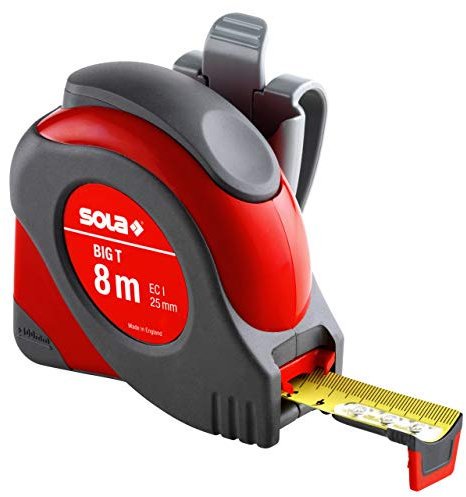 SOLA BIG T - Bandmaß 8m / 25mm - extrem robustes Profi-Rollbandmaß mit Gürtelclip - Stahlband, gelb lackiert mit mm Skala - Genauigkeitsklasse I - Rollmeter mit rutschfestem Endhaken - Länge 8m/25mm