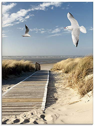 ARTland Wanddeko Glasbilder Wandbild Glas Bild einteilig 45x60 cm Hochformat Strand Meer Nordsee Küste Möwen Himmel Steg Natur Landschaft Dünen T9NJ
