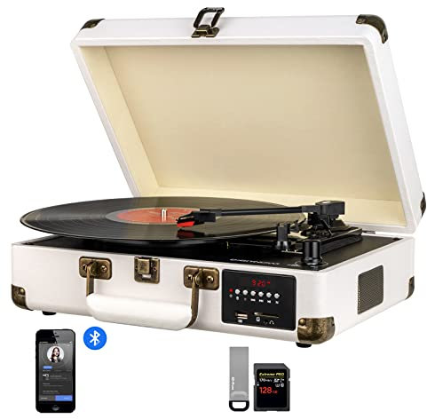 DIGITNOW! Bluetooth Record Player Belt-Drive 3-Speed Turntable Built-in Stereo Speakers, Vinyl to SD Card/USB Stick & with AM/FM Radio, Retro Suitcase Designed