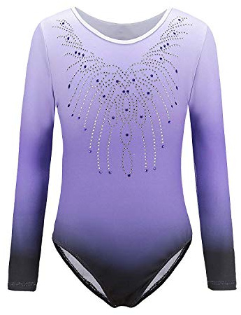 Sinoem Gymnastikanzug für Mädchen von 5 bis 12 Jahren, langärmelig, mit Farbverlauf und Glitzer. Für Tanz, Ballet, Turnen. 8 Jahre Violett-langarm