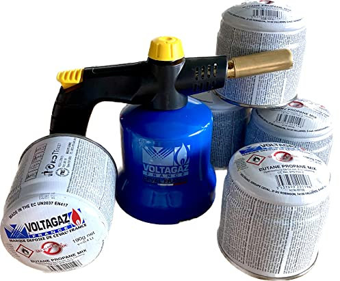 CEVAL France – Chalumeau/Lampe à souder PRO 200 avec allumage Piézo + 5 cartouches de gaz 190 g – Butane/Propane – Flamme réglable pour bricolage, plomberie et cuisine