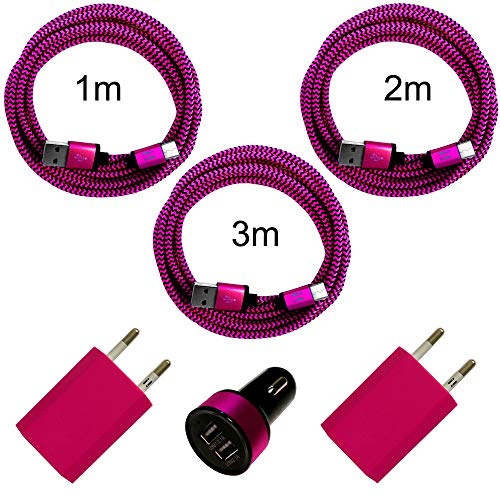 i! - 2X 1A USB Netzteil + KFZ Auto Ladegerät + 1m + 2m + 3m Nylon USB-C Schnellladekabel Datenkabel Set für Handy Tablet Smartphone - pink