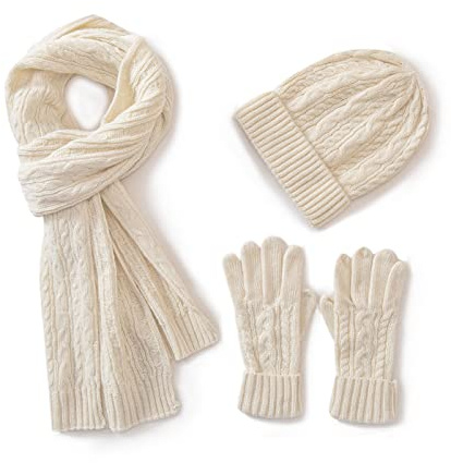 Villand 3 Pezzi Cappelli Sciarpa con Guanti Touchscreen per Uomini e Donne, Set Unisex per il Freddo con Foderato in Pile e Borsa Regalo (Beige)