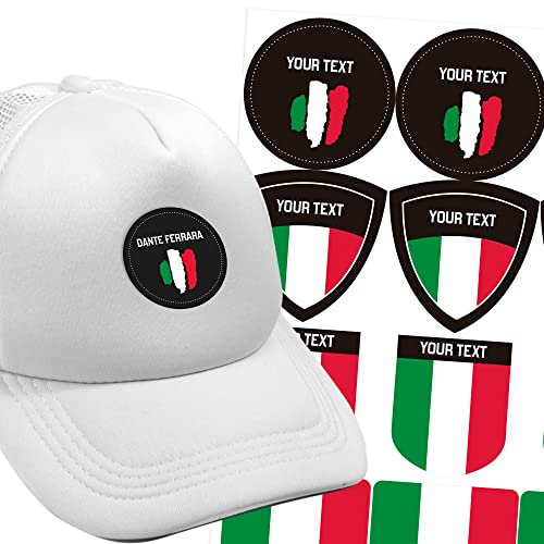 15 Aufnäher mit Flagge zur Auswahl und anpassbarem Text aus thermoklebendem Vinyl. Vinyletiketten zum Aufbügeln für Stoffe, T-Shirts, Tragetaschen usw. (Italien)