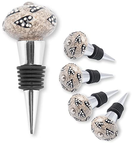 Decorasian Flaschenverschluss – Weinverschluss aus Keramik handbemalt – Vintage Weinflaschenverschluss mit Porzellan Knopf im Boho Stil - retro Flaschenstopfen grau mit Herzen - 4 Stück