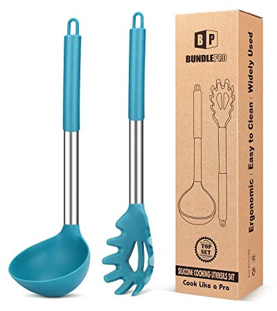 Set di forchetta e mestolo in silicone, grandi utensili da cucina antiaderenti per cucinare, mescolare, servire spaghetti, zuppe, salse (blu)
