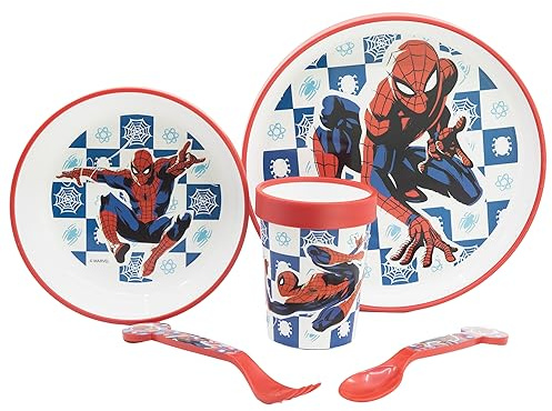 VAISSELLE POUR ENFANTS 5 PIÈCES AVEC BASE ANTIDÉRAPANTE. ASSIETTE, BOL, VERRE DE 260 ML ET COUVERTS. SANS BPA | SPIDERMAN ARACHNID GRID