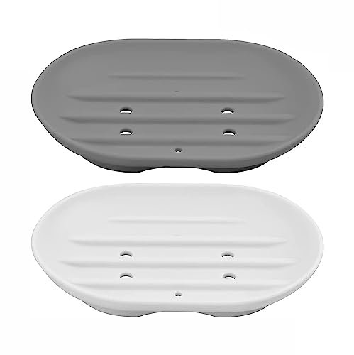 2 Pcs Silicone Soap Dish with Drainage,Anti-Slip Portable Shower Soap Box, Self Draining Shower Soap Holder for Shower, Bathroom, Kitchen, Counter Top and Shelf, Easy Cleaning