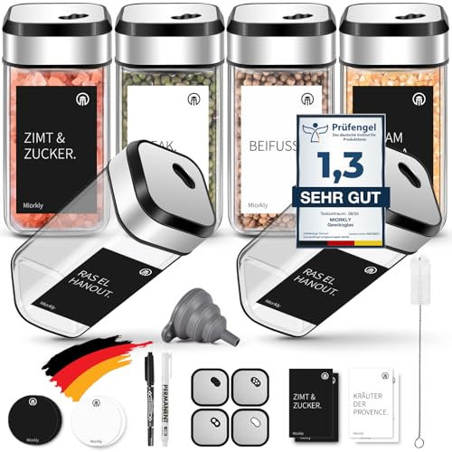 Miorkly Set di 6 barattoli per spezie rettangolari con inserto per spargere spezie in vetro da 120 ml, contenitore per spezie con coperchio girevole per spezie con etichetta, barattolo per spezie