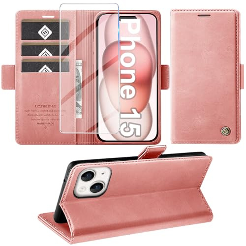Giyer Funda para iPhone 15 con protector de pantalla, función atril, tarjetero, funda de piel premium para iPhone 15 5G 2023, funda con tapa resistente a los golpes (rosa)