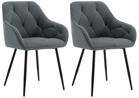 WOLTU Set di 2 Sedie da Pranzo con Braccioli e Schienale, Sedie Cucina Moderna in Velluto, Poltrone da Salotto con Gambe in Metallo, Sedie ergonomiche per Ufficio, Bar, Grigio Scuro,