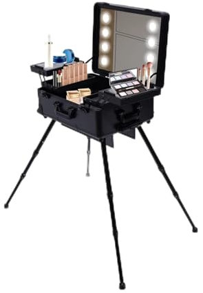 Profi Kosmetikkoffer Trolley mit Rollen Schminkkoffer Make-up Koffer Multifunktional Beauty Case, 3 Stufe Einstellbare Höhe Unterstützung, Metallschlossenschutz, Gehärteter Spiegel, 12V Sockel
