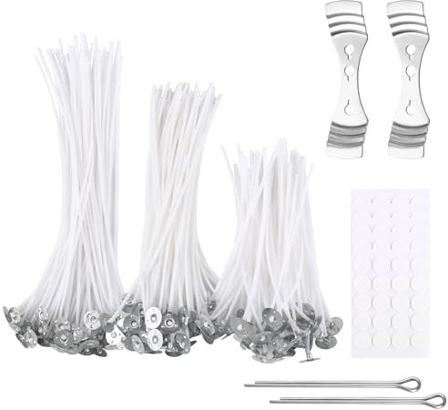 Kerzendocht Set 150 Stück – Candle Wick in 3 Größen (10/15/20cm) mit Fuß Aufklebern & Zentriergerät | DIY Kerzenherstellung für Zuhause, Workshop & Geschenkideen