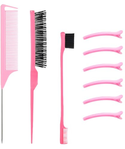 BOZILY 3 Piece Hair styling Brush Set with 6 Pink Hair Pins, Teasing Brush, Rat Tail Comb, Edge and Back Brush, Combing, Smoothing Hair for Women (Pink)