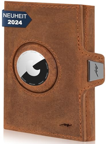 Marc Peter® Jupiter Airtag Echtleder Geldbörse mit Münzfach | Kleines Portemonnaie für Herren mit RFID | Apple Airtag Kompatible Mini Geldbörse | Kreditkartenetui für bis zu 11 Karten Bräune