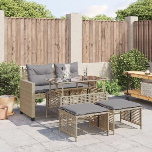 Faroom Conjunto de muebles de jardín de ratán sintético, 4 piezas, con mesa ajustable, sillón y taburete, para hasta 4 personas, muebles de jardín y balcón, incluye tapicería, color beige, gris claro