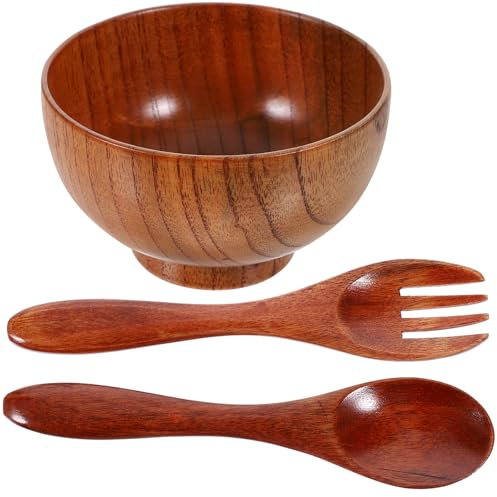 PRETYZOOM Ensemble Bol En Bois Naturel Avec Couverts À Salade Cuillère Et Fourchette Bol Profond 10.5X10.5X6.7 Cm Pour Salade De Fruits Soupe Et Usage Quotidien