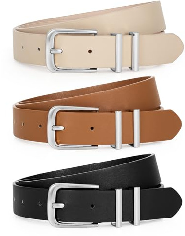 WERFORU 3 Pack Women's Leather Belts for Jeans Dresses Fashion Ladies Sliver Buckle Leather Belts, Black/Brown/Beige